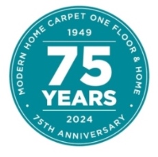 Round seal logo in teal and white for Modern Home Carpet One's 75th Anniversary in 2024